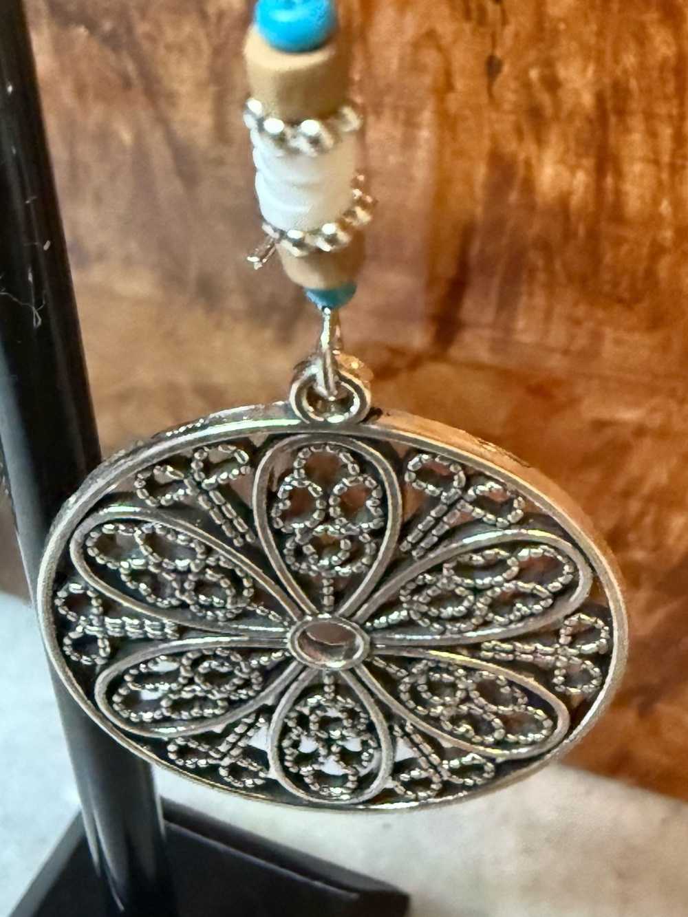 NWOT Filigree Round Dangle Earrings with Turquoise Bead - Picture 4 of 5